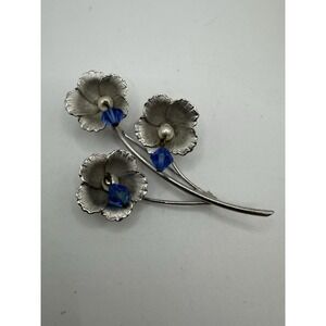 Vtg Signed Weiss Silvertone Flower Brooch - Faux Pearl and AB Blue Dangles